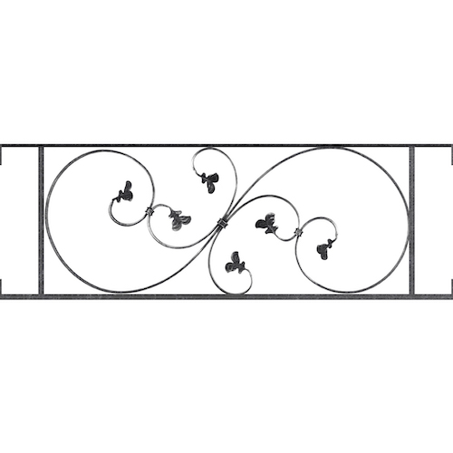 Appui de fenêtre type AF001 à visser dans votre tableau de fenêtre. Longueur finie de 1080mm et Hauteur finie de 372mm. Convient pour les tableaux de fenêtre de 1080mm. Main courante laminée de 1080mm de long en fer forgé sur le dessus. Motif au centre de 870mm de long par 350mm de haut. Le reste de la structure est en acier carré plein de 14mm de section.