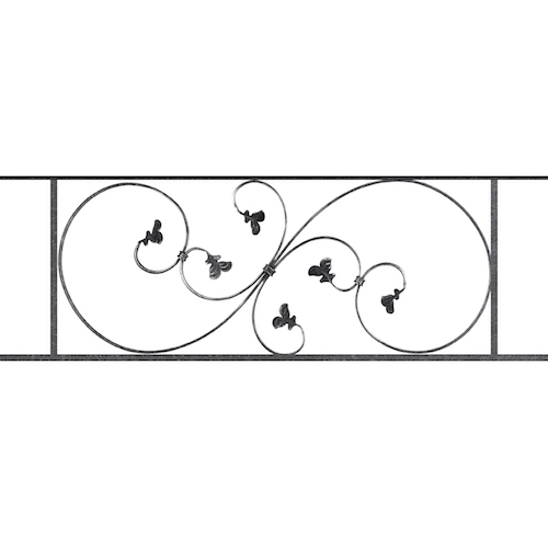 Appui de fenêtre type AF001 à sceller dans votre tableau de fenêtre. Longueur finie de 1100mm et Hauteur finie de 372mm. Convient pour les tableaux de fenêtre de 1000mm. 50mm de scellement sont prévue de chaque côté. Main courante laminée de 1000mm de long en fer forgé sur le dessus. Motif au centre de 870mm de long par 350mm de haut. Le reste de la structure est en acier carré plein de 14mm de section.