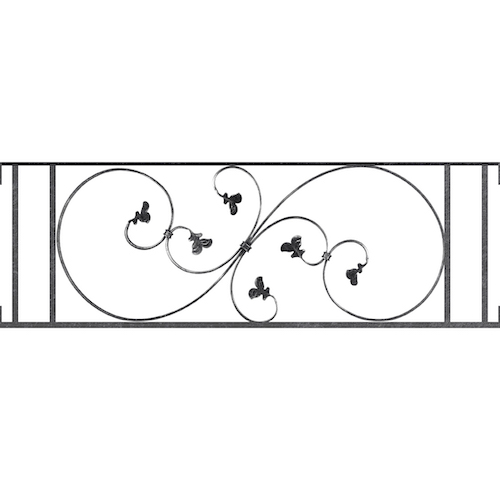 Appui de fenêtre type AF001 à visser dans votre tableau de fenêtre. Longueur finie de 1120mm et Hauteur finie de 372mm. Convient pour les tableaux de fenêtre de 1120mm. Main courante laminée de 1120mm de long en fer forgé sur le dessus. Motif au centre de 870mm de long par 350mm de haut. Le reste de la structure est en acier carré plein de 14mm de section.