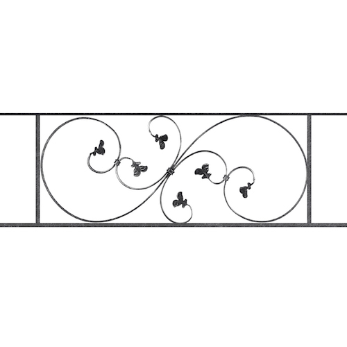 Appui de fenêtre type AF001 à sceller dans votre tableau de fenêtre. Longueur finie de 1130mm et Hauteur finie de 372mm. Convient pour les tableaux de fenêtre de 1030mm. 50mm de scellement sont prévue de chaque côté. Main courante laminée de 1030mm de long en fer forgé sur le dessus. Motif au centre de 870mm de long par 350mm de haut. Le reste de la structure est en acier carré plein de 14mm de section.