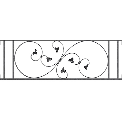 Appui de fenêtre type AF001 à visser dans votre tableau de fenêtre. Longueur finie de 1130mm et Hauteur finie de 372mm. Convient pour les tableaux de fenêtre de 1130mm. Main courante laminée de 1130mm de long en fer forgé sur le dessus. Motif au centre de 870mm de long par 350mm de haut. Le reste de la structure est en acier carré plein de 14mm de section.