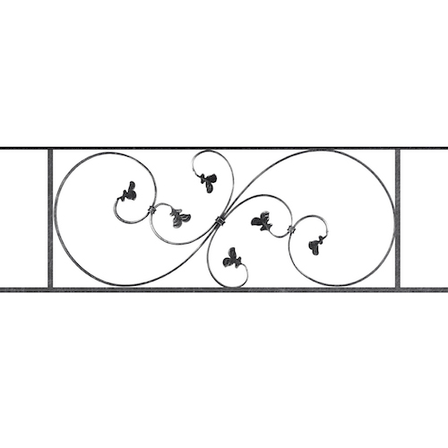 Appui de fenêtre type AF001 à sceller dans votre tableau de fenêtre. Longueur finie de 1140mm et Hauteur finie de 372mm. Convient pour les tableaux de fenêtre de 1040mm. 50mm de scellement sont prévue de chaque côté. Main courante laminée de 1040mm de long en fer forgé sur le dessus. Motif au centre de 870mm de long par 350mm de haut. Le reste de la structure est en acier carré plein de 14mm de section.