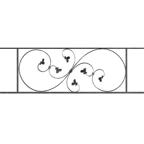 Appui de fenêtre type AF001 à sceller dans votre tableau de fenêtre. Longueur finie de 1170mm et Hauteur finie de 372mm. Convient pour les tableaux de fenêtre de 1070mm. 50mm de scellement sont prévue de chaque côté. Main courante laminée de 1070mm de long en fer forgé sur le dessus. Motif au centre de 870mm de long par 350mm de haut. Le reste de la structure est en acier carré plein de 14mm de section.