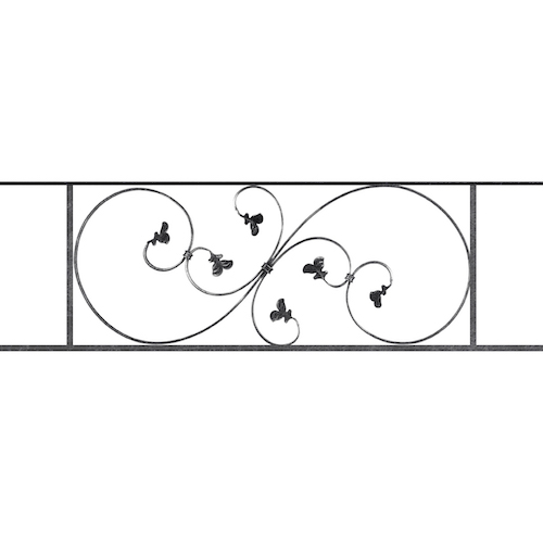 Appui de fenêtre type AF001 à sceller dans votre tableau de fenêtre. Longueur finie de 1190mm et Hauteur finie de 372mm. Convient pour les tableaux de fenêtre de 1090mm. 50mm de scellement sont prévue de chaque côté. Main courante laminée de 1090mm de long en fer forgé sur le dessus. Motif au centre de 870mm de long par 350mm de haut. Le reste de la structure est en acier carré plein de 14mm de section.