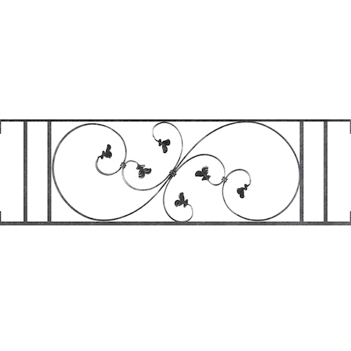 Appui de fenêtre type AF001 à visser dans votre tableau de fenêtre. Longueur finie de 1230mm et Hauteur finie de 372mm. Convient pour les tableaux de fenêtre de 1230mm. Main courante laminée de 1230mm de long en fer forgé sur le dessus. Motif au centre de 870mm de long par 350mm de haut. Le reste de la structure est en acier carré plein de 14mm de section.