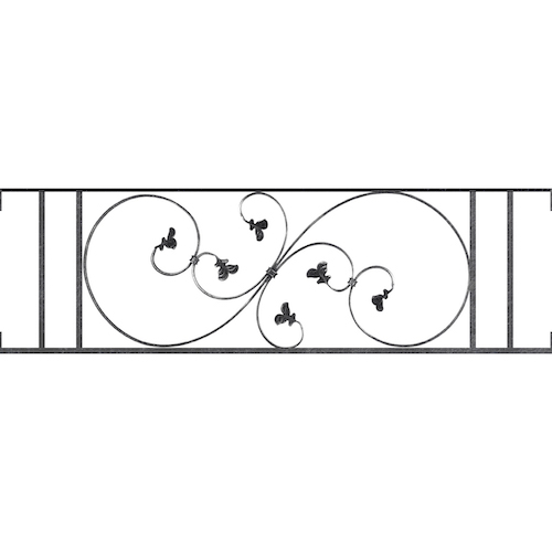 Appui de fenêtre type AF001 à visser dans votre tableau de fenêtre. Longueur finie de 1240mm et Hauteur finie de 372mm. Convient pour les tableaux de fenêtre de 1240mm. Main courante laminée de 1240mm de long en fer forgé sur le dessus. Motif au centre de 870mm de long par 350mm de haut. Le reste de la structure est en acier carré plein de 14mm de section.