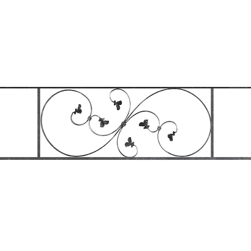 Appui de fenêtre type AF001 à sceller dans votre tableau de fenêtre. Longueur finie de 1280mm et Hauteur finie de 372mm. Convient pour les tableaux de fenêtre de 1180mm. 50mm de scellement sont prévue de chaque côté. Main courante laminée de 1180mm de long en fer forgé sur le dessus. Motif au centre de 870mm de long par 350mm de haut. Le reste de la structure est en acier carré plein de 14mm de section.