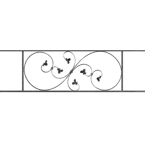 Appui de fenêtre type AF001 à sceller dans votre tableau de fenêtre. Longueur finie de 1290mm et Hauteur finie de 372mm. Convient pour les tableaux de fenêtre de 1190mm. 50mm de scellement sont prévue de chaque côté. Main courante laminée de 1190mm de long en fer forgé sur le dessus. Motif au centre de 870mm de long par 350mm de haut. Le reste de la structure est en acier carré plein de 14mm de section.