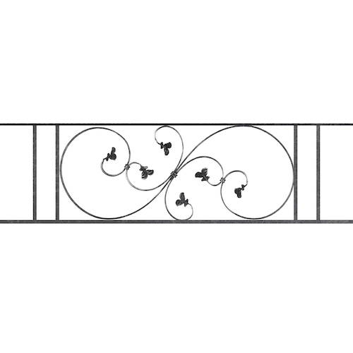 Appui de fenêtre type AF001 à sceller dans votre tableau de fenêtre. Longueur finie de 1310mm et Hauteur finie de 372mm. Convient pour les tableaux de fenêtre de 1210mm. 50mm de scellement sont prévue de chaque côté. Main courante laminée de 1210mm de long en fer forgé sur le dessus. Motif au centre de 870mm de long par 350mm de haut. Le reste de la structure est en acier carré plein de 14mm de section.