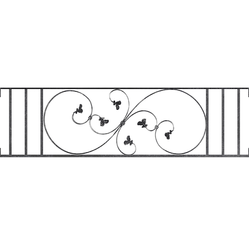 Appui de fenêtre type AF001 à visser dans votre tableau de fenêtre. Longueur finie de 1330mm et Hauteur finie de 372mm. Convient pour les tableaux de fenêtre de 1330mm. Main courante laminée de 1330mm de long en fer forgé sur le dessus. Motif au centre de 870mm de long par 350mm de haut. Le reste de la structure est en acier carré plein de 14mm de section.