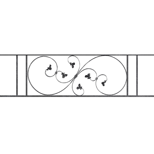 Appui de fenêtre type AF001 à sceller dans votre tableau de fenêtre. Longueur finie de 1350mm et Hauteur finie de 372mm. Convient pour les tableaux de fenêtre de 1250mm. 50mm de scellement sont prévue de chaque côté. Main courante laminée de 1250mm de long en fer forgé sur le dessus. Motif au centre de 870mm de long par 350mm de haut. Le reste de la structure est en acier carré plein de 14mm de section.