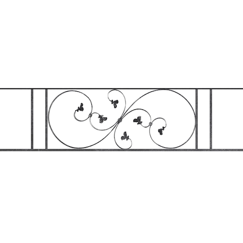 Appui de fenêtre type AF001 à sceller dans votre tableau de fenêtre. Longueur finie de 1430mm et Hauteur finie de 372mm. Convient pour les tableaux de fenêtre de 1330mm. 50mm de scellement sont prévue de chaque côté. Main courante laminée de 1330mm de long en fer forgé sur le dessus. Motif au centre de 870mm de long par 350mm de haut. Le reste de la structure est en acier carré plein de 14mm de section.