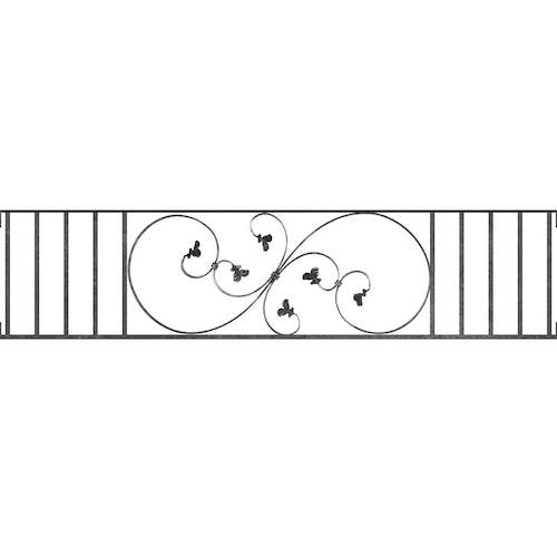 Appui de fenêtre type AF001 à visser dans votre tableau de fenêtre. Longueur finie de 1600mm et Hauteur finie de 372mm. Convient pour les tableaux de fenêtre de 1600mm. Main courante laminée de 1600mm de long en fer forgé sur le dessus. Motif au centre de 870mm de long par 350mm de haut. Le reste de la structure est en acier carré plein de 14mm de section.