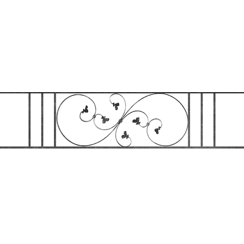 Appui de fenêtre type AF001 à sceller dans votre tableau de fenêtre. Longueur finie de 1610mm et Hauteur finie de 372mm. Convient pour les tableaux de fenêtre de 1510mm. 50mm de scellement sont prévue de chaque côté. Main courante laminée de 1510mm de long en fer forgé sur le dessus. Motif au centre de 870mm de long par 350mm de haut. Le reste de la structure est en acier carré plein de 14mm de section.