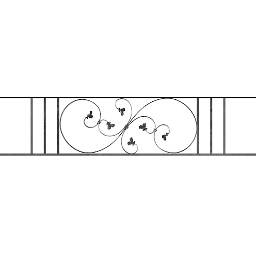 Appui de fenêtre type AF001 à sceller dans votre tableau de fenêtre. Longueur finie de 1620mm et Hauteur finie de 372mm. Convient pour les tableaux de fenêtre de 1520mm. 50mm de scellement sont prévue de chaque côté. Main courante laminée de 1520mm de long en fer forgé sur le dessus. Motif au centre de 870mm de long par 350mm de haut. Le reste de la structure est en acier carré plein de 14mm de section.