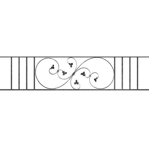 Appui de fenêtre type AF001 à sceller dans votre tableau de fenêtre. Longueur finie de 1640mm et Hauteur finie de 372mm. Convient pour les tableaux de fenêtre de 1540mm. 50mm de scellement sont prévue de chaque côté. Main courante laminée de 1540mm de long en fer forgé sur le dessus. Motif au centre de 870mm de long par 350mm de haut. Le reste de la structure est en acier carré plein de 14mm de section.