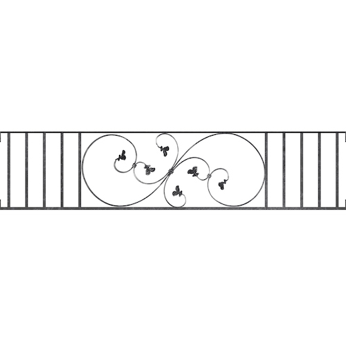 Appui de fenêtre type AF001 à visser dans votre tableau de fenêtre. Longueur finie de 1640mm et Hauteur finie de 372mm. Convient pour les tableaux de fenêtre de 1640mm. Main courante laminée de 1640mm de long en fer forgé sur le dessus. Motif au centre de 870mm de long par 350mm de haut. Le reste de la structure est en acier carré plein de 14mm de section.