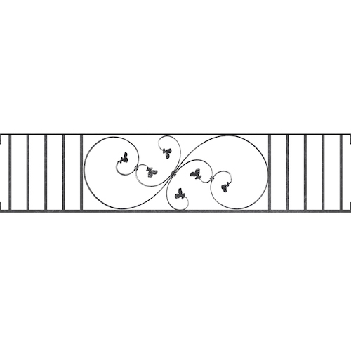 Appui de fenêtre type AF001 à visser dans votre tableau de fenêtre. Longueur finie de 1650mm et Hauteur finie de 372mm. Convient pour les tableaux de fenêtre de 1650mm. Main courante laminée de 1650mm de long en fer forgé sur le dessus. Motif au centre de 870mm de long par 350mm de haut. Le reste de la structure est en acier carré plein de 14mm de section.