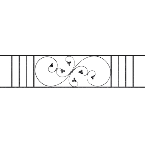 Appui de fenêtre type AF001 à sceller dans votre tableau de fenêtre. Longueur finie de 1660mm et Hauteur finie de 372mm. Convient pour les tableaux de fenêtre de 1560mm. 50mm de scellement sont prévue de chaque côté. Main courante laminée de 1560mm de long en fer forgé sur le dessus. Motif au centre de 870mm de long par 350mm de haut. Le reste de la structure est en acier carré plein de 14mm de section.