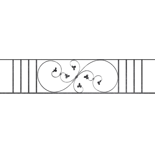 Appui de fenêtre type AF001 à sceller dans votre tableau de fenêtre. Longueur finie de 1670mm et Hauteur finie de 372mm. Convient pour les tableaux de fenêtre de 1570mm. 50mm de scellement sont prévue de chaque côté. Main courante laminée de 1570mm de long en fer forgé sur le dessus. Motif au centre de 870mm de long par 350mm de haut. Le reste de la structure est en acier carré plein de 14mm de section.