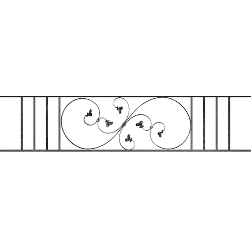 Appui de fenêtre type AF001 à sceller dans votre tableau de fenêtre. Longueur finie de 1680mm et Hauteur finie de 372mm. Convient pour les tableaux de fenêtre de 1580mm. 50mm de scellement sont prévue de chaque côté. Main courante laminée de 1580mm de long en fer forgé sur le dessus. Motif au centre de 870mm de long par 350mm de haut. Le reste de la structure est en acier carré plein de 14mm de section.