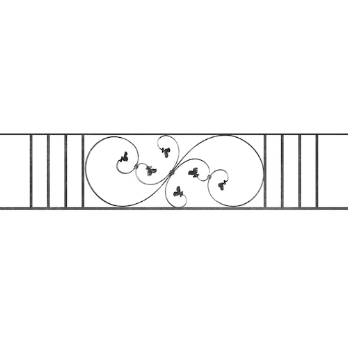 Appui de fenêtre type AF001 à sceller dans votre tableau de fenêtre. Longueur finie de 1690mm et Hauteur finie de 372mm. Convient pour les tableaux de fenêtre de 1590mm. 50mm de scellement sont prévue de chaque côté. Main courante laminée de 1590mm de long en fer forgé sur le dessus. Motif au centre de 870mm de long par 350mm de haut. Le reste de la structure est en acier carré plein de 14mm de section.