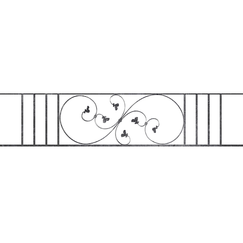 Appui de fenêtre type AF001 à sceller dans votre tableau de fenêtre. Longueur finie de 1700mm et Hauteur finie de 372mm. Convient pour les tableaux de fenêtre de 1600mm. 50mm de scellement sont prévue de chaque côté. Main courante laminée de 1600mm de long en fer forgé sur le dessus. Motif au centre de 870mm de long par 350mm de haut. Le reste de la structure est en acier carré plein de 14mm de section.