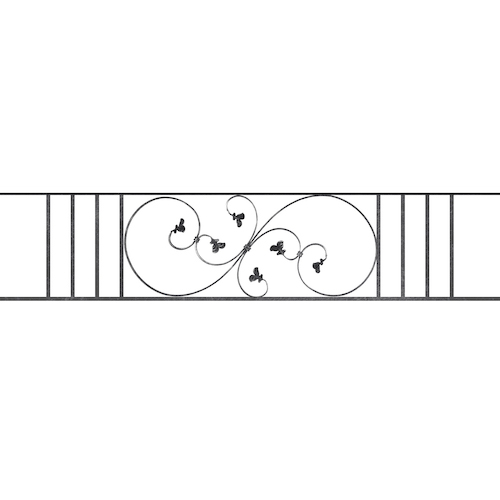 Appui de fenêtre type AF001 à sceller dans votre tableau de fenêtre. Longueur finie de 1720mm et Hauteur finie de 372mm. Convient pour les tableaux de fenêtre de 1620mm. 50mm de scellement sont prévue de chaque côté. Main courante laminée de 1620mm de long en fer forgé sur le dessus. Motif au centre de 870mm de long par 350mm de haut. Le reste de la structure est en acier carré plein de 14mm de section.