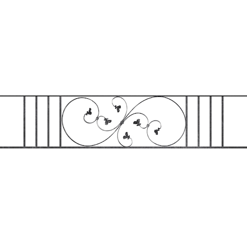 Appui de fenêtre type AF001 à sceller dans votre tableau de fenêtre. Longueur finie de 1730mm et Hauteur finie de 372mm. Convient pour les tableaux de fenêtre de 1630mm. 50mm de scellement sont prévue de chaque côté. Main courante laminée de 1630mm de long en fer forgé sur le dessus. Motif au centre de 870mm de long par 350mm de haut. Le reste de la structure est en acier carré plein de 14mm de section.