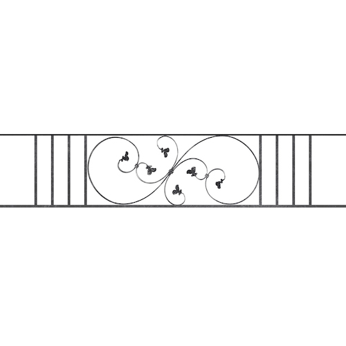 Appui de fenêtre type AF001 à sceller dans votre tableau de fenêtre. Longueur finie de 1750mm et Hauteur finie de 372mm. Convient pour les tableaux de fenêtre de 1650mm. 50mm de scellement sont prévue de chaque côté. Main courante laminée de 1650mm de long en fer forgé sur le dessus. Motif au centre de 870mm de long par 350mm de haut. Le reste de la structure est en acier carré plein de 14mm de section.