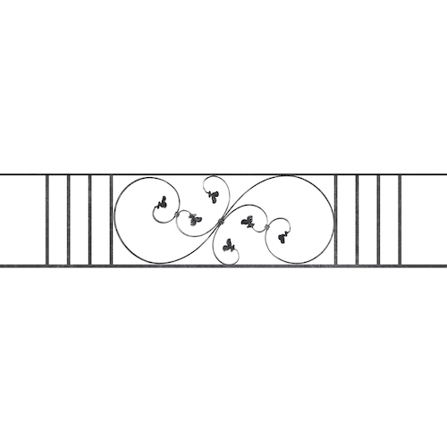 Appui de fenêtre type AF001 à sceller dans votre tableau de fenêtre. Longueur finie de 1760mm et Hauteur finie de 372mm. Convient pour les tableaux de fenêtre de 1660mm. 50mm de scellement sont prévue de chaque côté. Main courante laminée de 1660mm de long en fer forgé sur le dessus. Motif au centre de 870mm de long par 350mm de haut. Le reste de la structure est en acier carré plein de 14mm de section.
