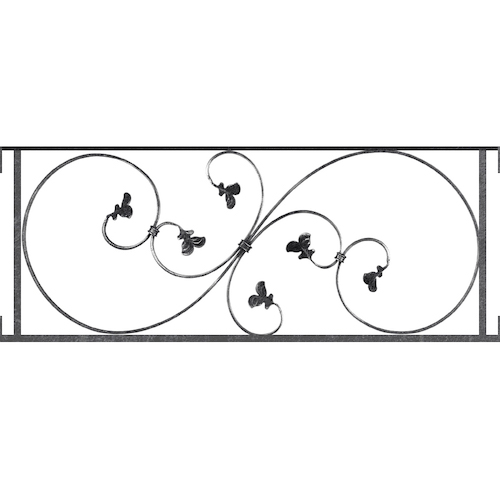 Appui de fenêtre type AF001 à visser dans votre tableau de fenêtre. Longueur finie de 950mm et Hauteur finie de 372mm. Convient pour les tableaux de fenêtre de 950mm. Main courante laminée de 950mm de long en fer forgé sur le dessus. Motif au centre de 870mm de long par 350mm de haut. Le reste de la structure est en acier carré plein de 14mm de section.