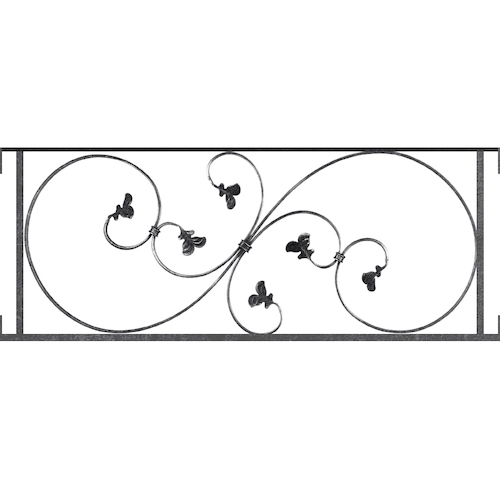 Appui de fenêtre type AF001 à visser dans votre tableau de fenêtre. Longueur finie de 960mm et Hauteur finie de 372mm. Convient pour les tableaux de fenêtre de 960mm. Main courante laminée de 960mm de long en fer forgé sur le dessus. Motif au centre de 870mm de long par 350mm de haut. Le reste de la structure est en acier carré plein de 14mm de section.