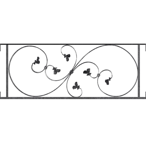 Appui de fenêtre type AF001 à visser dans votre tableau de fenêtre. Longueur finie de 980mm et Hauteur finie de 372mm. Convient pour les tableaux de fenêtre de 980mm. Main courante laminée de 980mm de long en fer forgé sur le dessus. Motif au centre de 870mm de long par 350mm de haut. Le reste de la structure est en acier carré plein de 14mm de section.