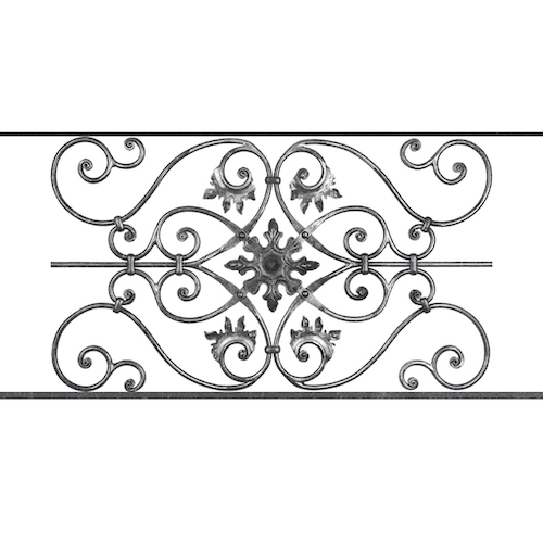 Appui de fenêtre type AF002 à sceller dans votre tableau de fenêtre. Longueur finie de 1020mm et Hauteur finie de 502mm. Convient pour les tableaux de fenêtre de 920mm. 50mm de scellement sont prévue de chaque côté. Main courante laminée de 920mm de long en fer forgé sur le dessus. Motif au centre de 830mm de long par 480mm de haut. Le reste de la structure est en acier carré plein de 14mm de section.