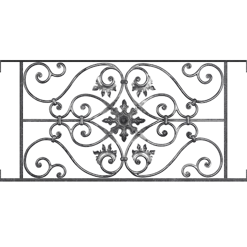 Appui de fenêtre type AF002 à visser dans votre tableau de fenêtre. Longueur finie de 1020mm et Hauteur finie de 502mm. Convient pour les tableaux de fenêtre de 1020mm. Main courante laminée de 1020mm de long en fer forgé sur le dessus. Motif au centre de 830mm de long par 480mm de haut. Le reste de la structure est en acier carré plein de 14mm de section.