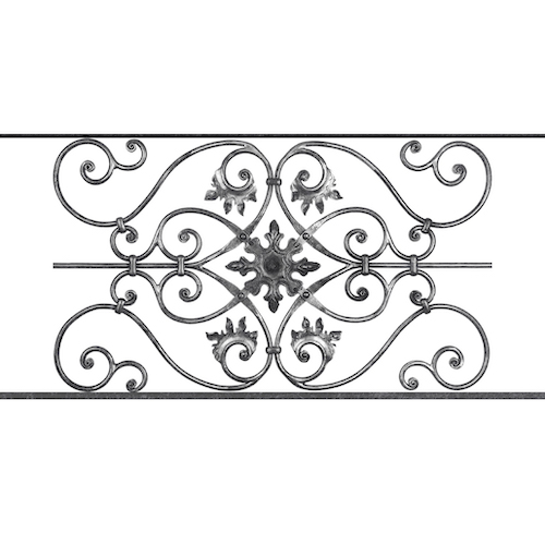 Appui de fenêtre type AF002 à sceller dans votre tableau de fenêtre. Longueur finie de 1030mm et Hauteur finie de 502mm. Convient pour les tableaux de fenêtre de 930mm. 50mm de scellement sont prévue de chaque côté. Main courante laminée de 930mm de long en fer forgé sur le dessus. Motif au centre de 830mm de long par 480mm de haut. Le reste de la structure est en acier carré plein de 14mm de section.