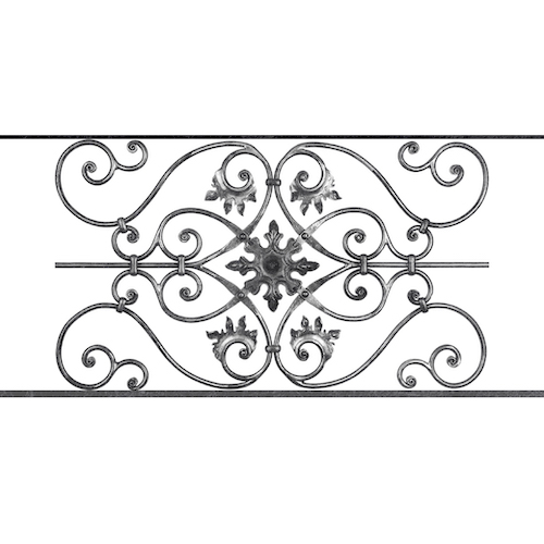 Appui de fenêtre type AF002 à sceller dans votre tableau de fenêtre. Longueur finie de 1040mm et Hauteur finie de 502mm. Convient pour les tableaux de fenêtre de 940mm. 50mm de scellement sont prévue de chaque côté. Main courante laminée de 940mm de long en fer forgé sur le dessus. Motif au centre de 830mm de long par 480mm de haut. Le reste de la structure est en acier carré plein de 14mm de section.