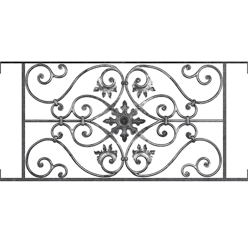 Appui de fenêtre type AF002 à visser dans votre tableau de fenêtre. Longueur finie de 1040mm et Hauteur finie de 502mm. Convient pour les tableaux de fenêtre de 1040mm. Main courante laminée de 1040mm de long en fer forgé sur le dessus. Motif au centre de 830mm de long par 480mm de haut. Le reste de la structure est en acier carré plein de 14mm de section.