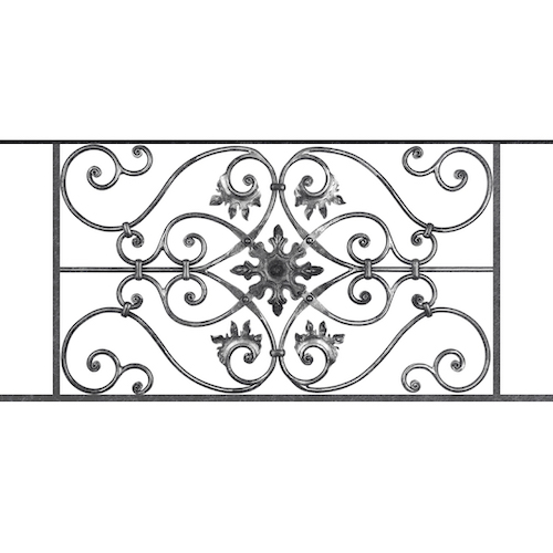 Appui de fenêtre type AF002 à sceller dans votre tableau de fenêtre. Longueur finie de 1060mm et Hauteur finie de 502mm. Convient pour les tableaux de fenêtre de 960mm. 50mm de scellement sont prévue de chaque côté. Main courante laminée de 960mm de long en fer forgé sur le dessus. Motif au centre de 830mm de long par 480mm de haut. Le reste de la structure est en acier carré plein de 14mm de section.