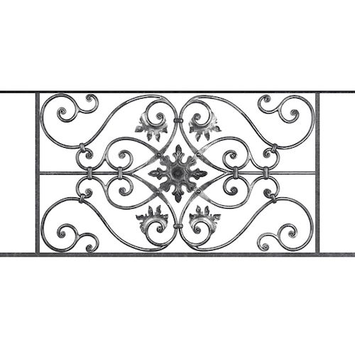 Appui de fenêtre type AF002 à sceller dans votre tableau de fenêtre. Longueur finie de 1070mm et Hauteur finie de 502mm. Convient pour les tableaux de fenêtre de 970mm. 50mm de scellement sont prévue de chaque côté. Main courante laminée de 970mm de long en fer forgé sur le dessus. Motif au centre de 830mm de long par 480mm de haut. Le reste de la structure est en acier carré plein de 14mm de section.