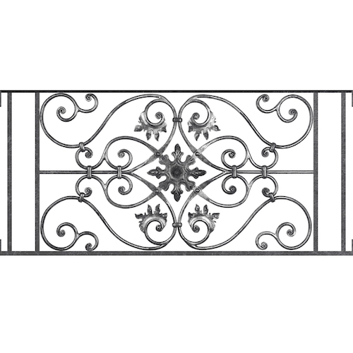 Appui de fenêtre type AF002 à visser dans votre tableau de fenêtre. Longueur finie de 1070mm et Hauteur finie de 502mm. Convient pour les tableaux de fenêtre de 1070mm. Main courante laminée de 1070mm de long en fer forgé sur le dessus. Motif au centre de 830mm de long par 480mm de haut. Le reste de la structure est en acier carré plein de 14mm de section.