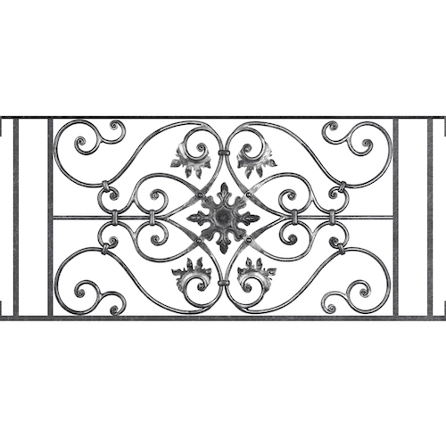 Appui de fenêtre type AF002 à visser dans votre tableau de fenêtre. Longueur finie de 1090mm et Hauteur finie de 502mm. Convient pour les tableaux de fenêtre de 1090mm. Main courante laminée de 1090mm de long en fer forgé sur le dessus. Motif au centre de 830mm de long par 480mm de haut. Le reste de la structure est en acier carré plein de 14mm de section.