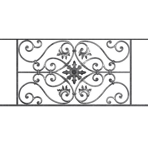 Appui de fenêtre type AF002 à sceller dans votre tableau de fenêtre. Longueur finie de 1100mm et Hauteur finie de 502mm. Convient pour les tableaux de fenêtre de 1000mm. 50mm de scellement sont prévue de chaque côté. Main courante laminée de 1000mm de long en fer forgé sur le dessus. Motif au centre de 830mm de long par 480mm de haut. Le reste de la structure est en acier carré plein de 14mm de section.
