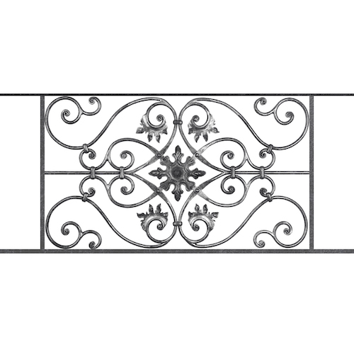 Appui de fenêtre type AF002 à sceller dans votre tableau de fenêtre. Longueur finie de 1110mm et Hauteur finie de 502mm. Convient pour les tableaux de fenêtre de 1010mm. 50mm de scellement sont prévue de chaque côté. Main courante laminée de 1010mm de long en fer forgé sur le dessus. Motif au centre de 830mm de long par 480mm de haut. Le reste de la structure est en acier carré plein de 14mm de section.