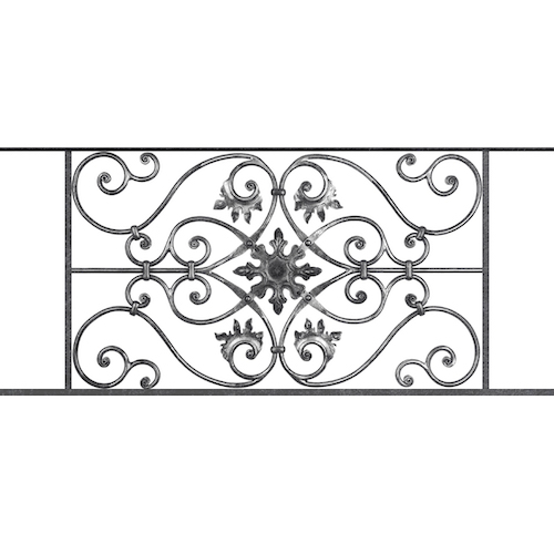Appui de fenêtre type AF002 à sceller dans votre tableau de fenêtre. Longueur finie de 1120mm et Hauteur finie de 502mm. Convient pour les tableaux de fenêtre de 1020mm. 50mm de scellement sont prévue de chaque côté. Main courante laminée de 1020mm de long en fer forgé sur le dessus. Motif au centre de 830mm de long par 480mm de haut. Le reste de la structure est en acier carré plein de 14mm de section.