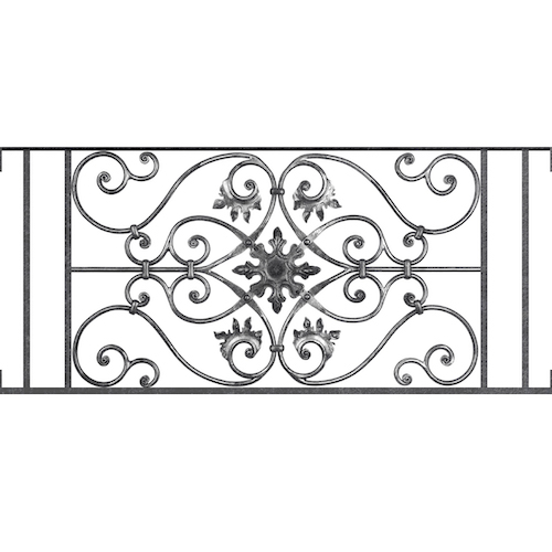Appui de fenêtre type AF002 à visser dans votre tableau de fenêtre. Longueur finie de 1120mm et Hauteur finie de 502mm. Convient pour les tableaux de fenêtre de 1120mm. Main courante laminée de 1120mm de long en fer forgé sur le dessus. Motif au centre de 830mm de long par 480mm de haut. Le reste de la structure est en acier carré plein de 14mm de section.