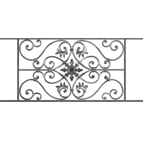 Appui de fenêtre type AF002 à sceller dans votre tableau de fenêtre. Longueur finie de 1130mm et Hauteur finie de 502mm. Convient pour les tableaux de fenêtre de 1030mm. 50mm de scellement sont prévue de chaque côté. Main courante laminée de 1030mm de long en fer forgé sur le dessus. Motif au centre de 830mm de long par 480mm de haut. Le reste de la structure est en acier carré plein de 14mm de section.