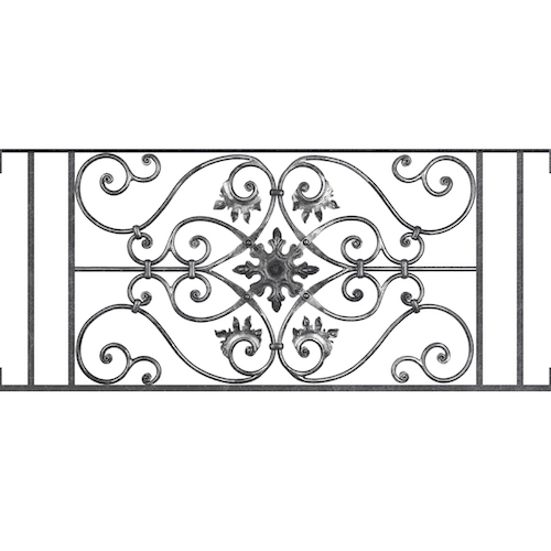 Appui de fenêtre type AF002 à visser dans votre tableau de fenêtre. Longueur finie de 1140mm et Hauteur finie de 502mm. Convient pour les tableaux de fenêtre de 1140mm. Main courante laminée de 1140mm de long en fer forgé sur le dessus. Motif au centre de 830mm de long par 480mm de haut. Le reste de la structure est en acier carré plein de 14mm de section.