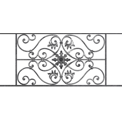 Appui de fenêtre type AF002 à sceller dans votre tableau de fenêtre. Longueur finie de 1150mm et Hauteur finie de 502mm. Convient pour les tableaux de fenêtre de 1050mm. 50mm de scellement sont prévue de chaque côté. Main courante laminée de 1050mm de long en fer forgé sur le dessus. Motif au centre de 830mm de long par 480mm de haut. Le reste de la structure est en acier carré plein de 14mm de section.